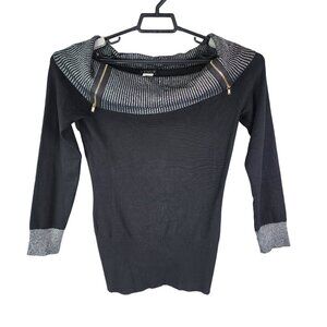 Womens Black Venus Metallic Silver Off Shoulder Sweater Long Sleeve Size M